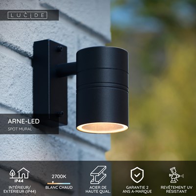 Lucide ARNE-LED - Spot mural / Applique mural Intérieur/Extérieur - Ø 6,3 cm - LED - GU10 - 1x5W 2700K - IP44 - Noir
